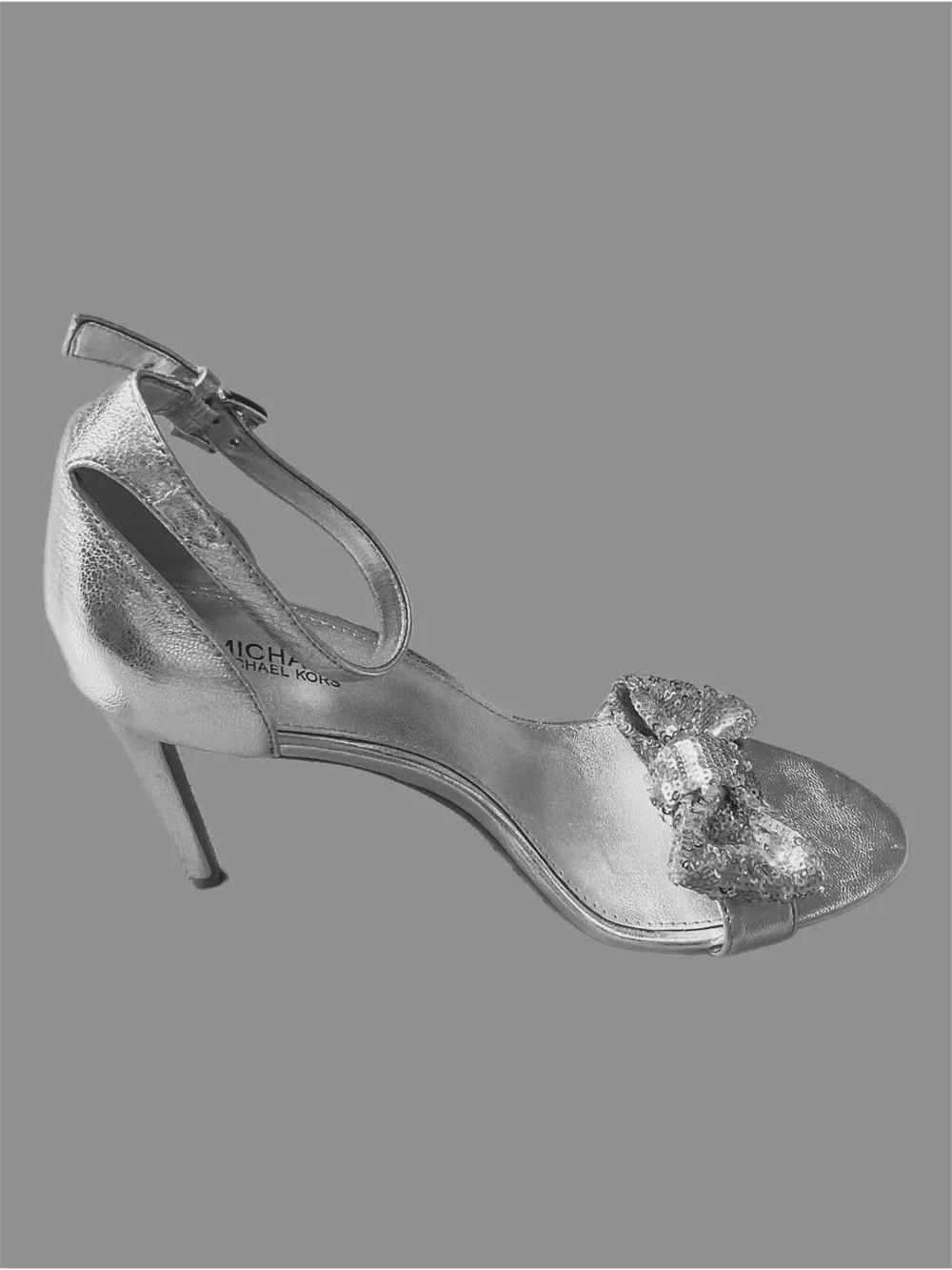 Michael Kors Sz 7 Metallic Silver Sequin Bows Ankle Strap 3 1/2” Stiletto Heel